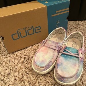 Hey Dude Pink and Blue Moccasins with Tie-Dye Design